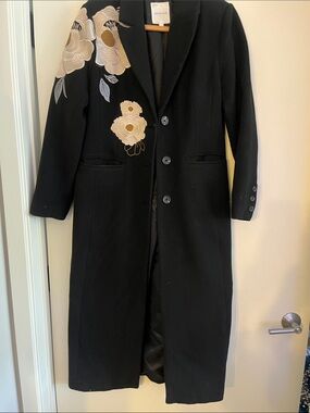 Avec Les Filles Black Trench Coat with Cream Floral Embroidery